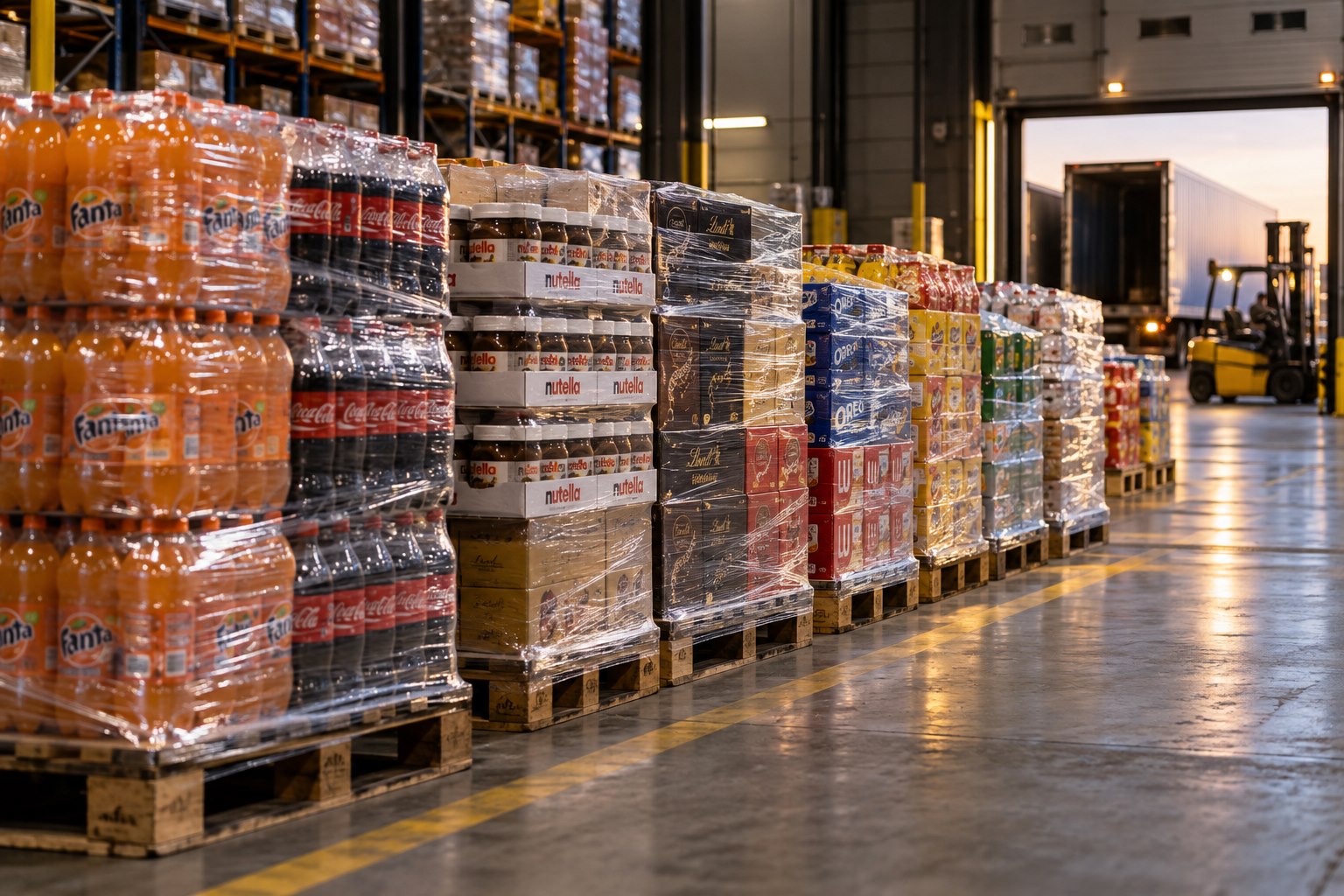 Full pallets of Fanta, Nutella, drinks and snacks ready for dispatch